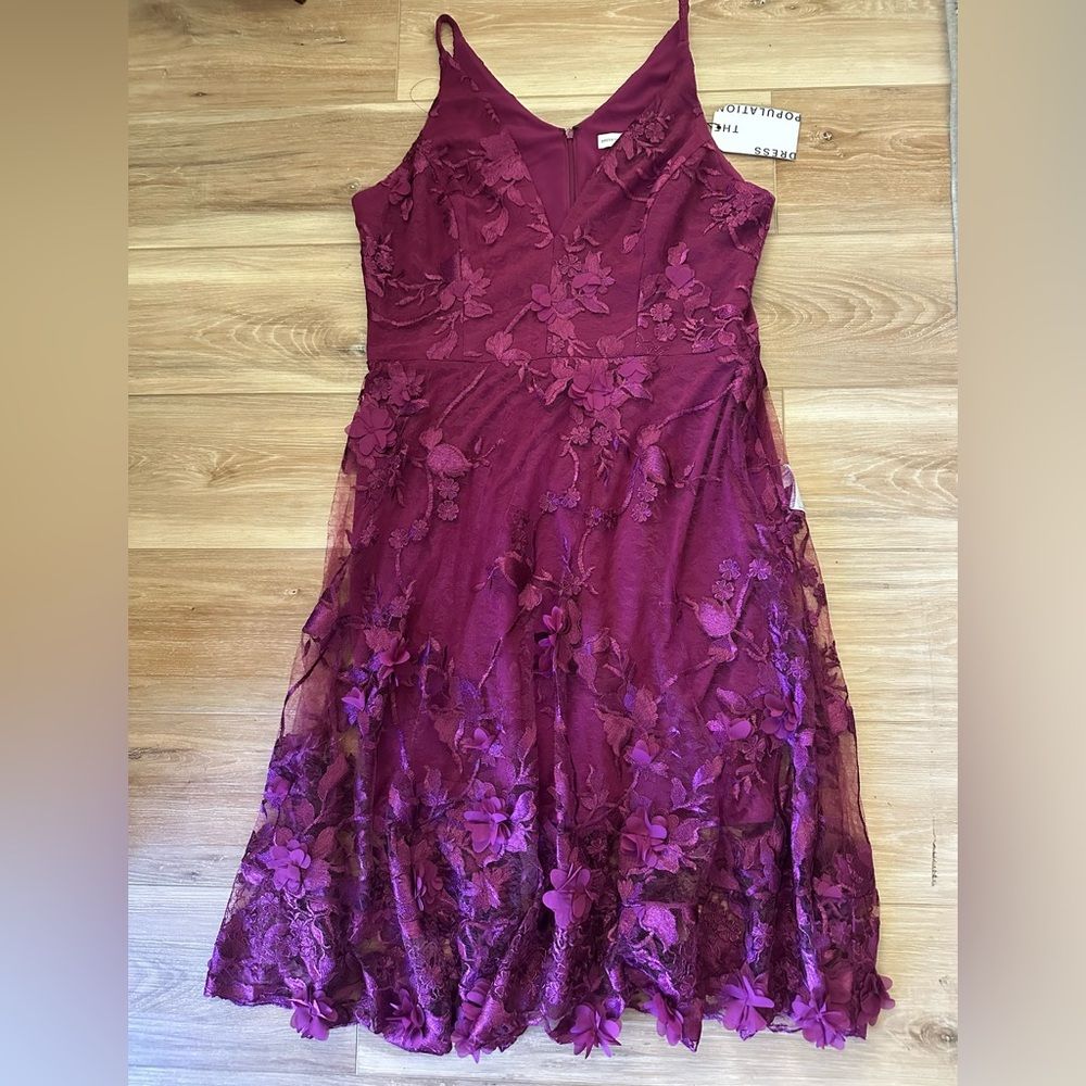 Dress The Population Sidney Deep Vneck 3d Lace Midi Dress Xxl (14) Nwt